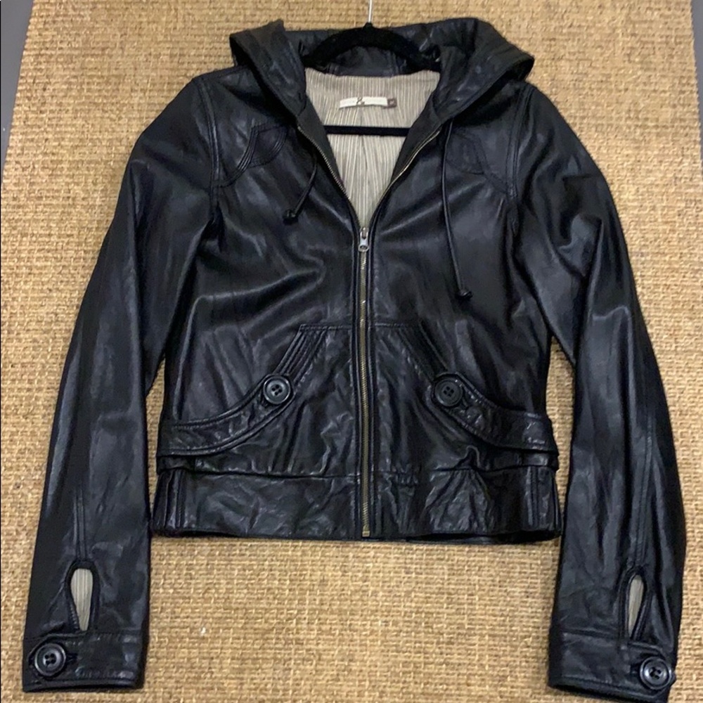 Mike & Chris Black Leather Hoodie Jacket - Size M